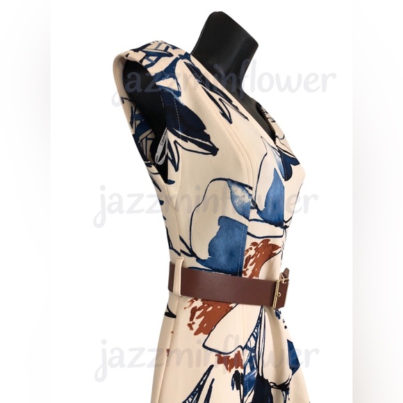 Calvin Klein cream blue multi v-neck belted scuba fit sheath dress size 10 new - Picture 5 of 13